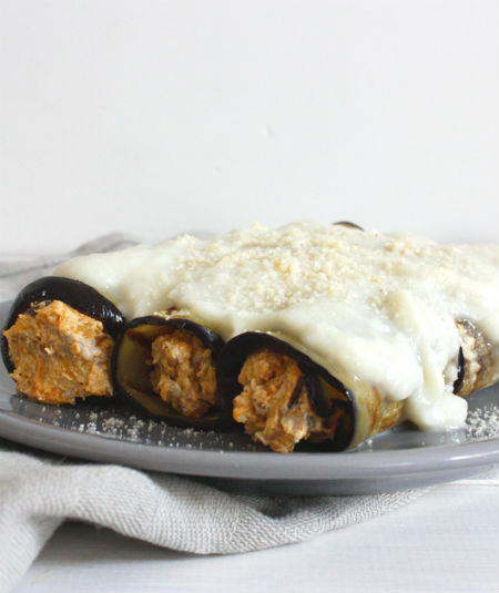 Canelones de berenjena rellenos de calabaza, shiitake y nueces