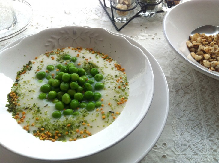Puré de patata, api, rave i pesols