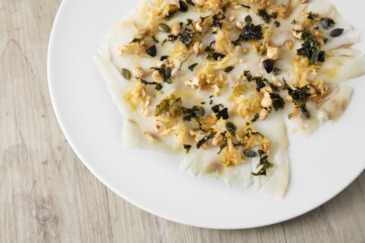 Raviolis de bacallà amb pickels de verdures