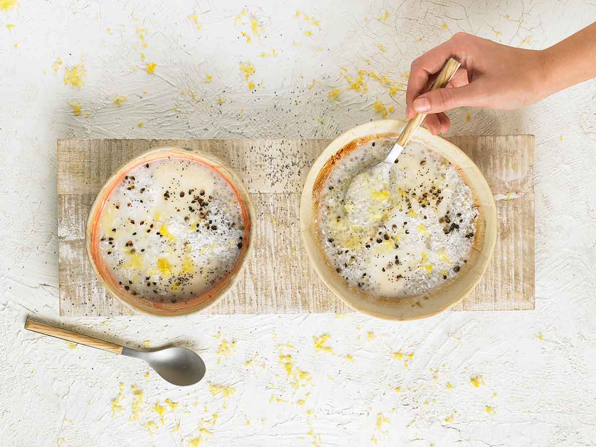 Tapioca con vainilla, pera y limón