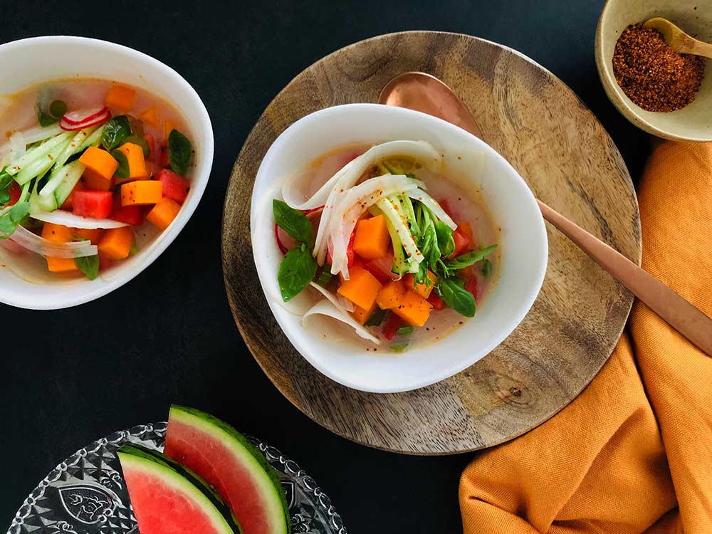 Ceviche probiótico de calabaza, sandía y albahaca