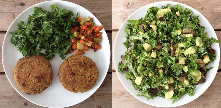 Hamburguesas veganas de trigo sarraceno y ensalada de kale